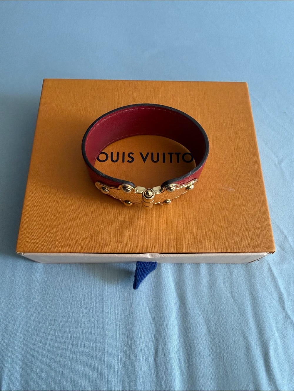 Louis Vuitton Red Leather Bracelet with Gold Accents